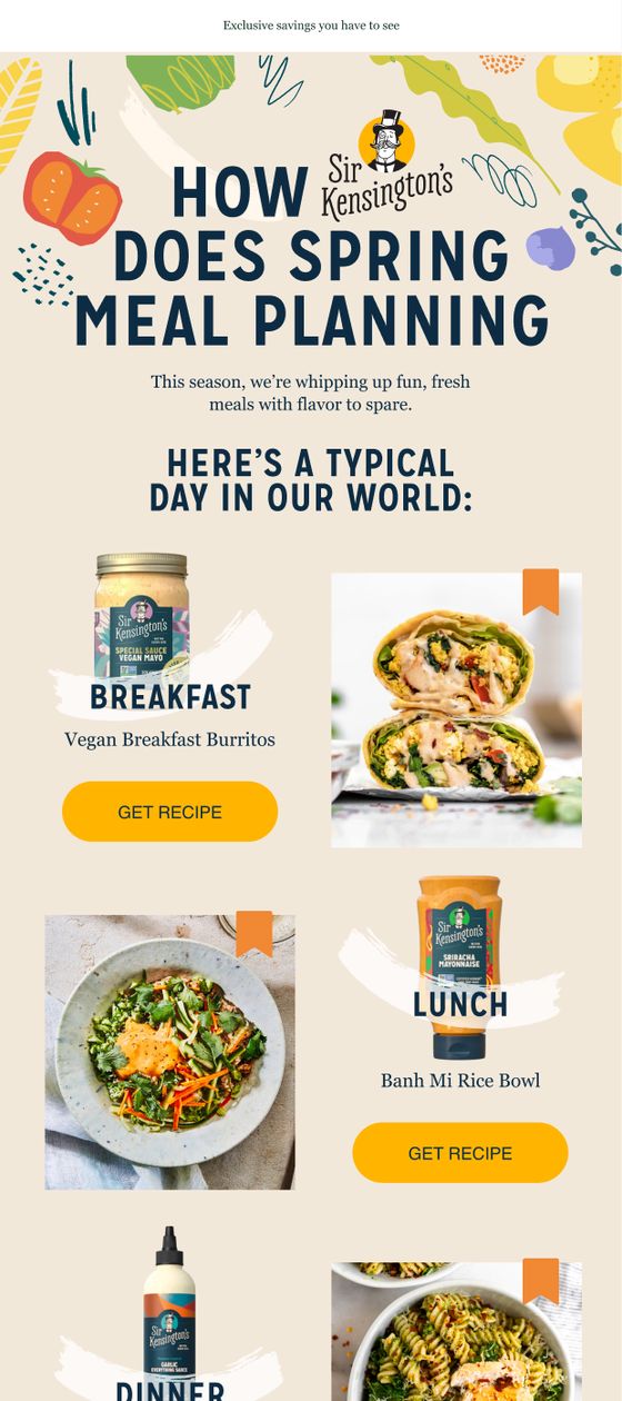 Sir Kensington’s email headed “How does spring meal planning work?”, walking through a typical day of recipes.