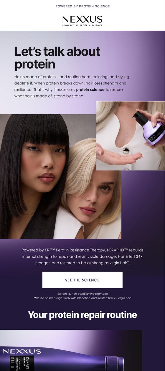 Nexxus email headed “Let’s talk about protein”, explaining the protein science behind the hair range.