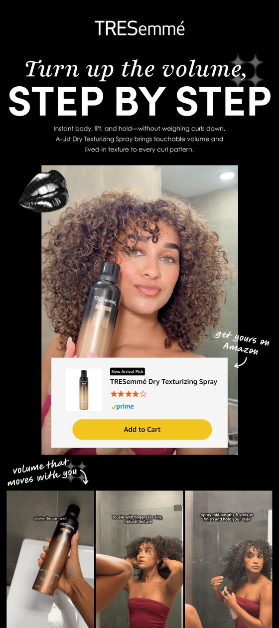 TRESemmé email headed “Turn up the volume, step by step”, demonstrating the dry texturising spray.