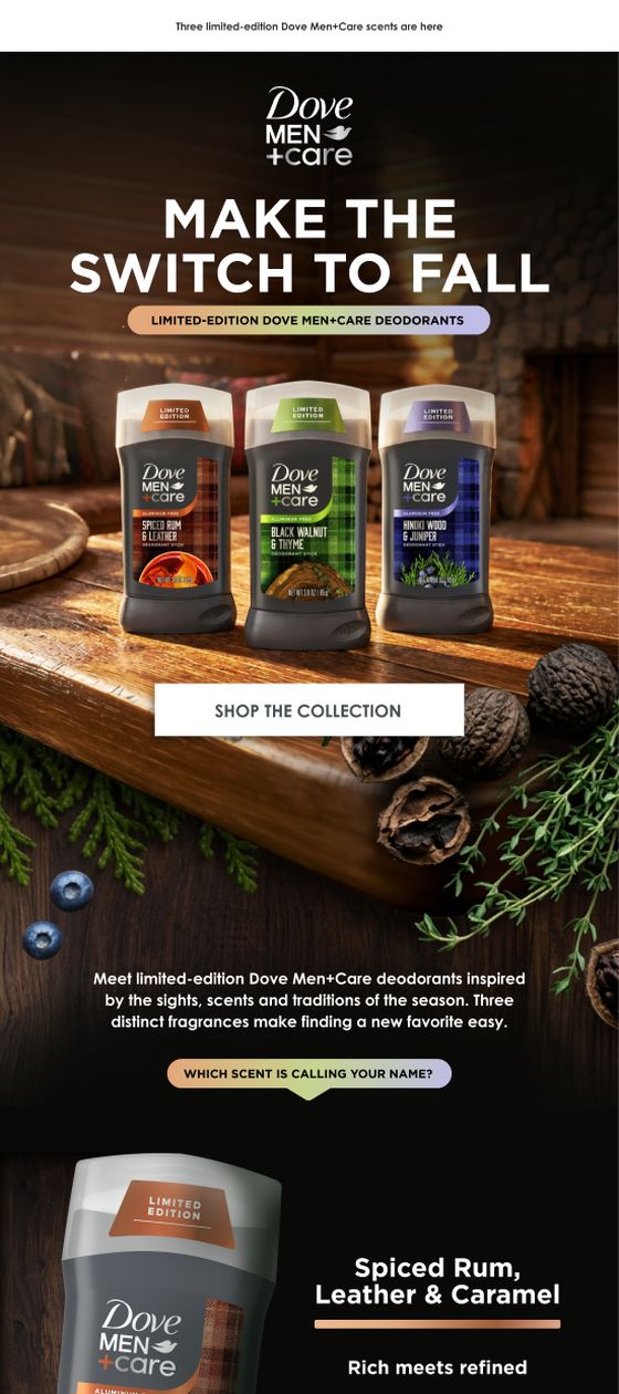 Dove Men+Care email introducing three limited-edition autumn scents in the deodorant range.