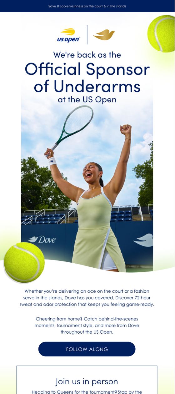 Dove Men+Care email marking its return as the Official Sponsor of Underarms at the US Open.
