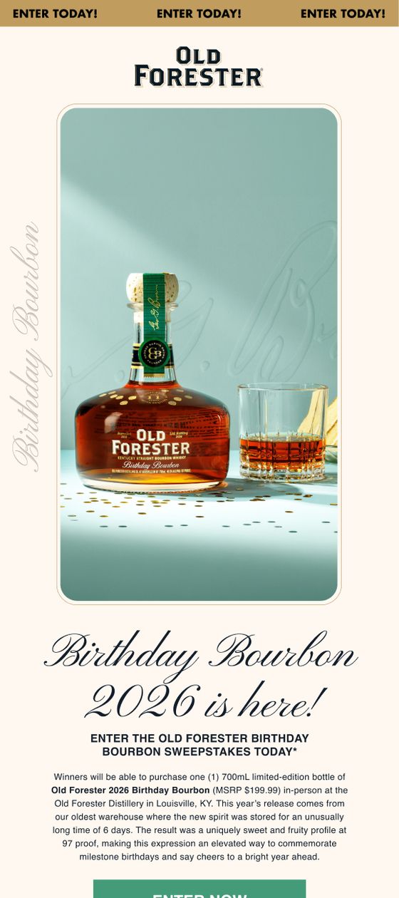Old Forester email inviting entries to the Birthday Bourbon release.